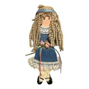 Vintage Wooden Shelf Sitter Doll – Blonde Curls, Blue Dress & Lace – 11"
